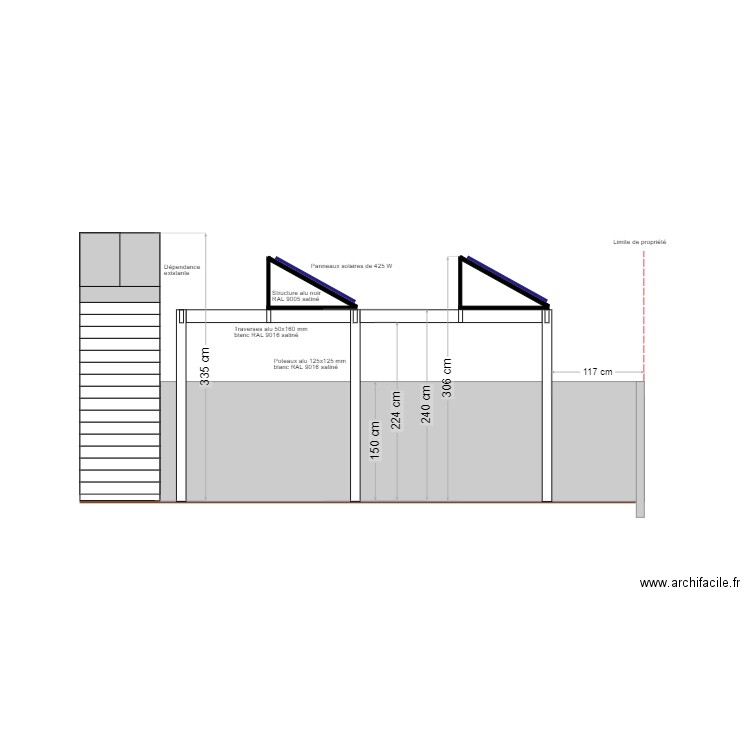 vue de face pergola solaire avec PS. Plan de 0 pièce et 0 m2