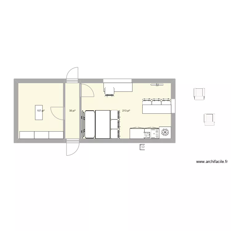 Lunch room. Plan de 3 pièces et 33 m²