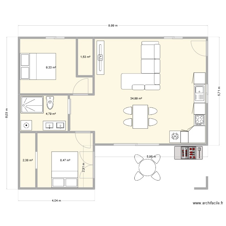 Maison 60 m². Plan de 6 pièces et 61 m2