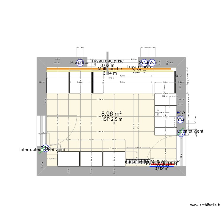 plan cuisine. Plan de 1 pièce et 9 m2