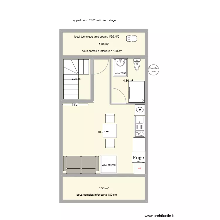 plant appart no 5 2 em etage sous combles 23.23 m2. Plan de 5 et 38 m² plant appart no 5 2 em etage sous combles 23.23 m2. Plan de 5 et 38 m²