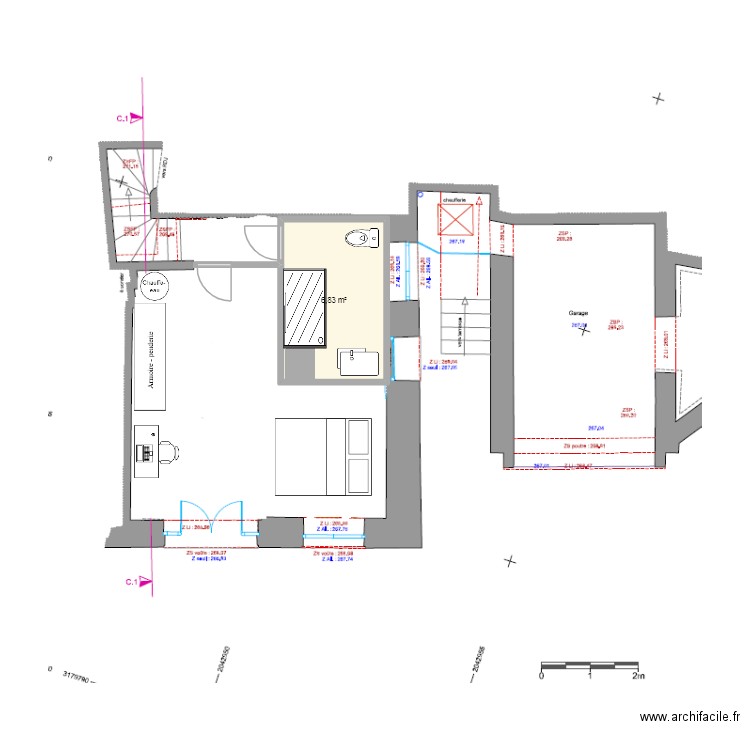 RDC-V1. Plan de 1 pièce et 7 m2