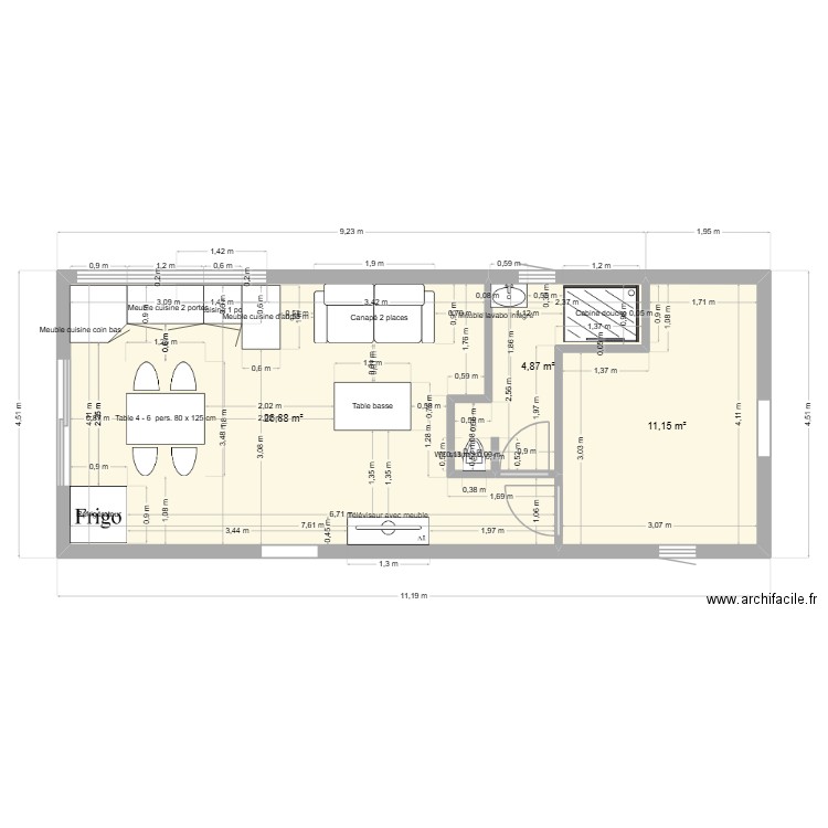 studio 1. Plan de 3 pièces et 43 m2