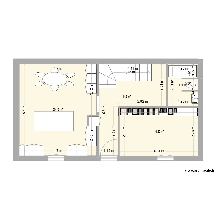 Rdc 214.09. Plan de 4 pièces et 60 m2