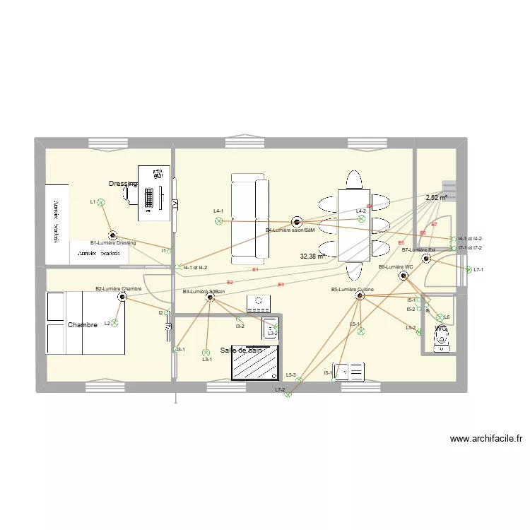 Plan maison Lou et Lucas-Sch&eacute;ma &eacute;lectrique g&eacute;n&eacute;ral. Plan de 6  et 58 m²