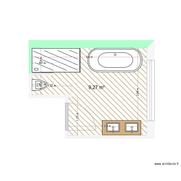 lust salle de bain. Plan de 1 pièce et 9 m2