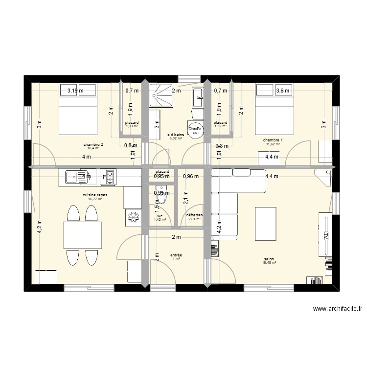 PLAIN PIED 74 M2. Plan de 11 pièces et 74 m2
