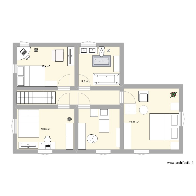 pieces. Plan de 4 pièces et 58 m2