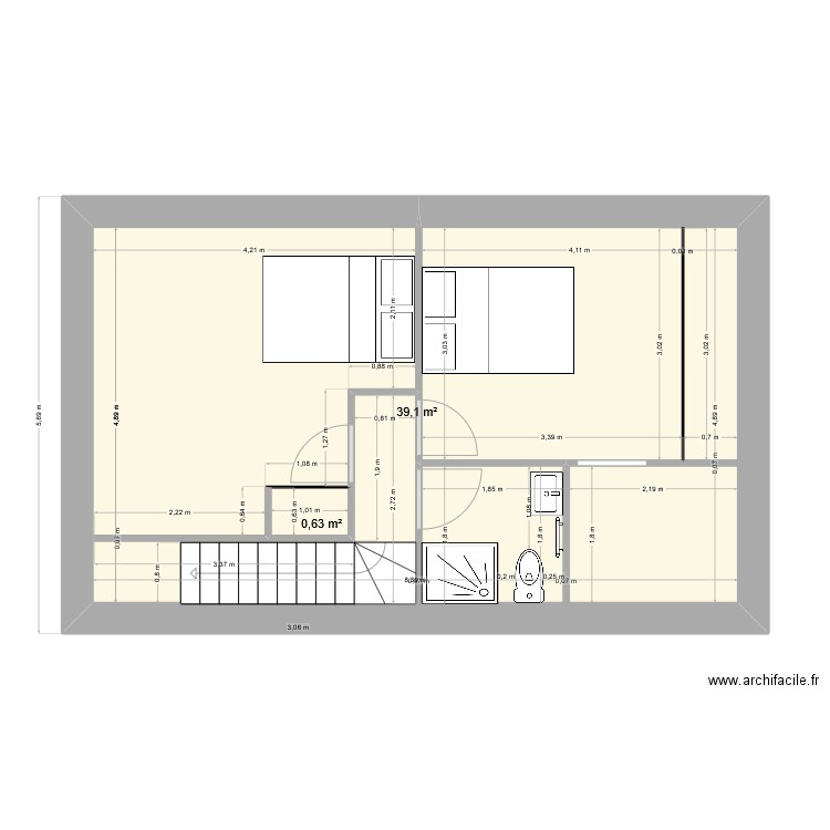 BRIDES R+1. Plan de 2 pièces et 40 m2