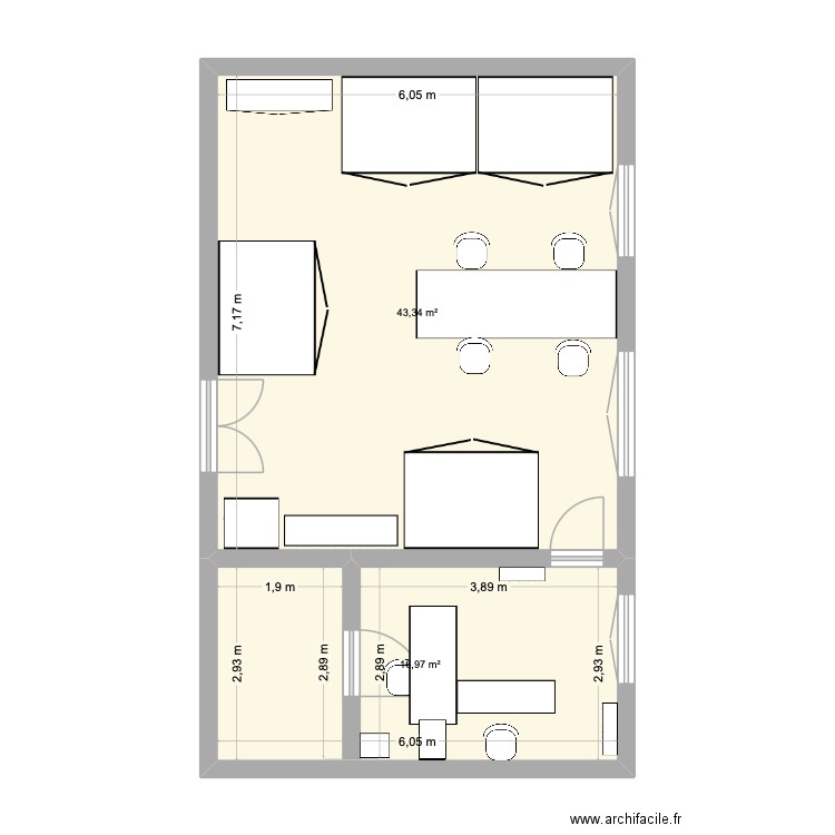 Bureau CL. Plan de 2 pièces et 60 m2