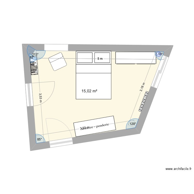 chambre mareil. Plan de 1 pièce et 15 m2