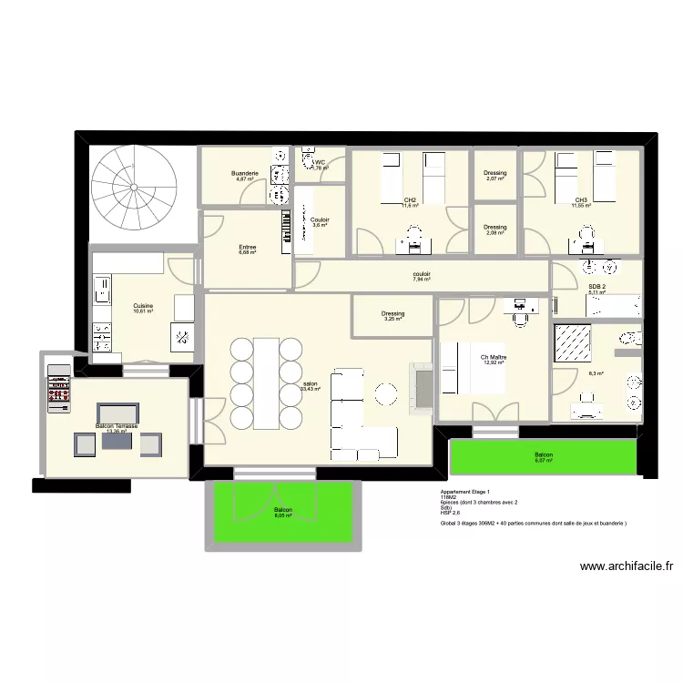 Val etage 1. Plan de 18  et 153 m²