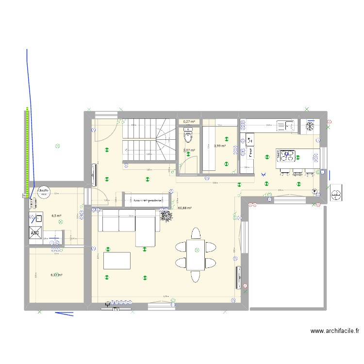 RDCa. Plan de 6 pièces et 80 m2
