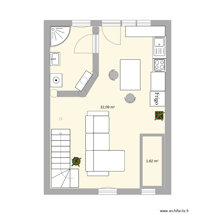 Piece a vivre. Plan de 2 pièces et 36 m2