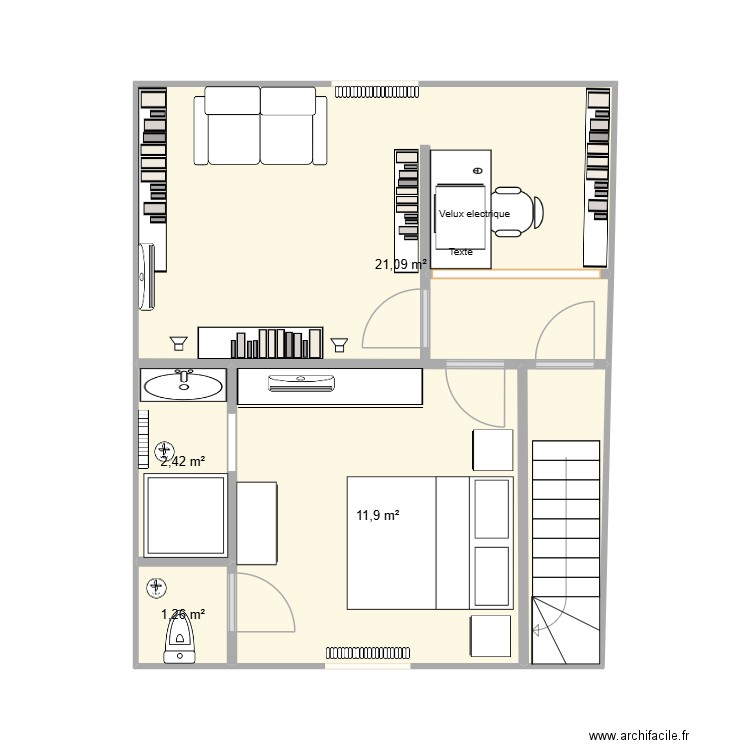Chambre & salon accès garage meubles neufs. Plan de 4 pièces et 37 m2
