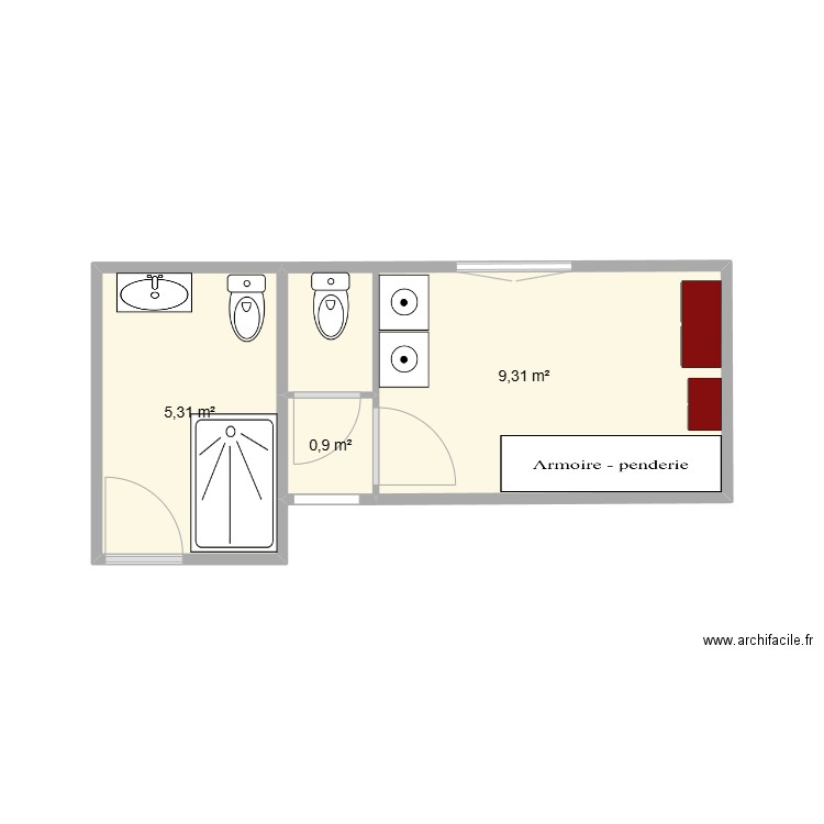 salle de bain chantal 2. Plan de 3 pièces et 16 m2