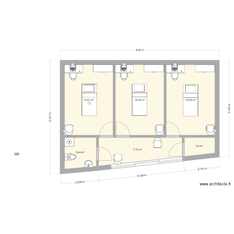 salon 2 batant. Plan de 6 pièces et 49 m2