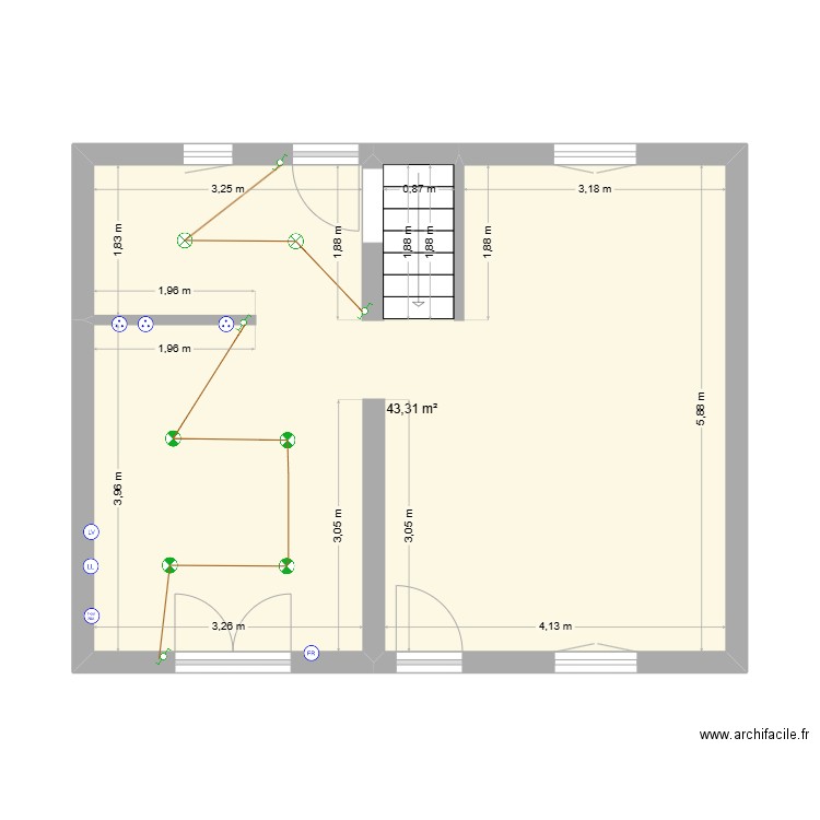 Rdc. Plan de 1 pièce et 43 m2