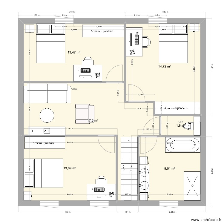 étage La Madeleine. Plan de 6 pièces et 70 m2