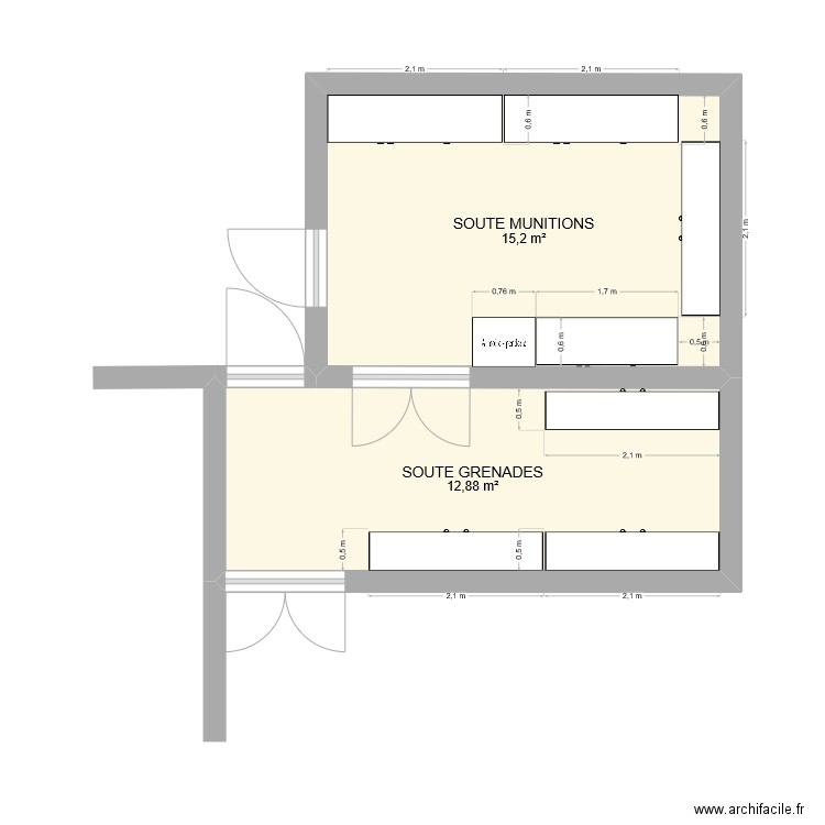 SOUTE A MUNITION. Plan de 2 pièces et 28 m2