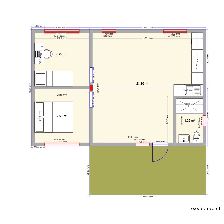 54 Адат. Plan de 5 pièces et 62 m2