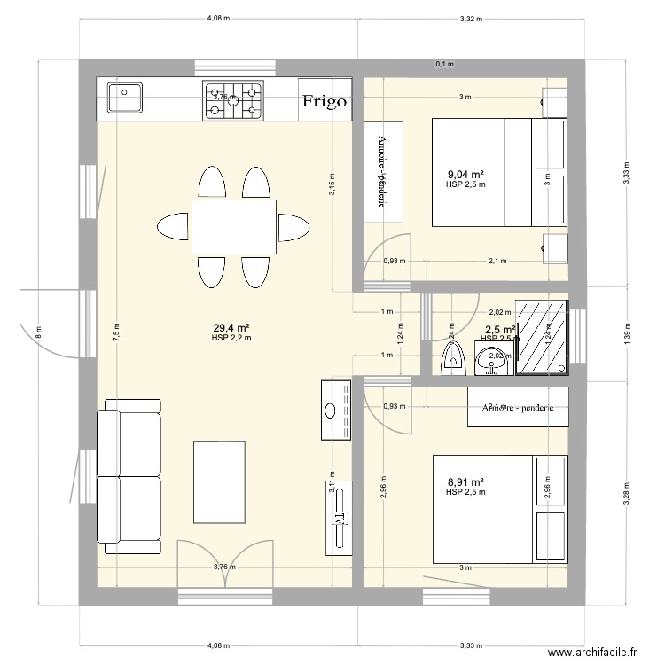 Pallier plan B\'\'. Plan de 4 pièces et 50 m2