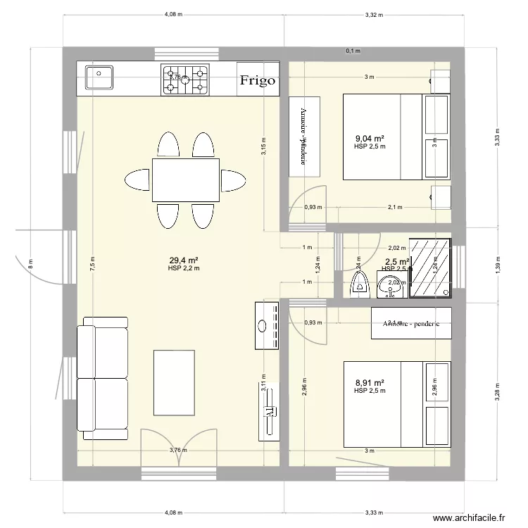 Pallier plan B\'\'. Plan de 4 pièces et 50 m²