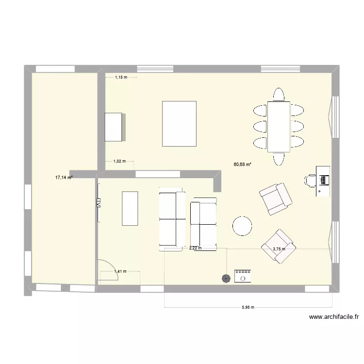 salon-cuisine-v3. Plan de 2  et 78 m²