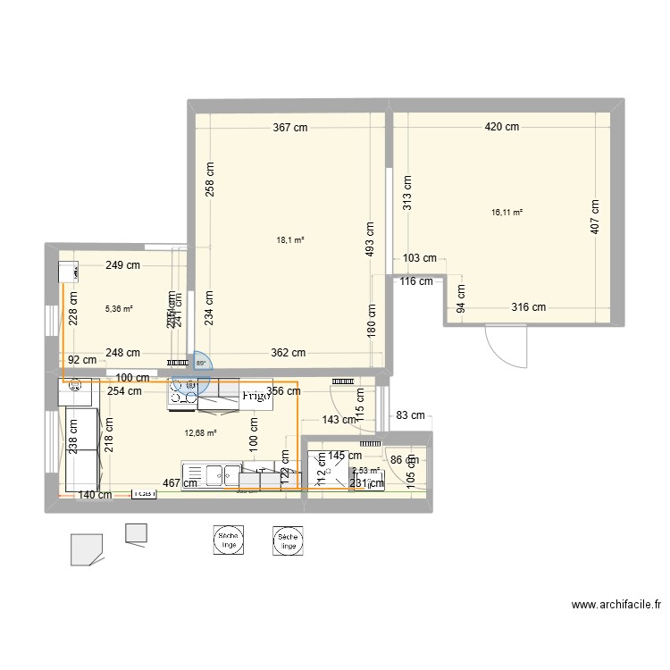 AMENAGEMENT CUISINE. Plan de 5 pièces et 55 m2