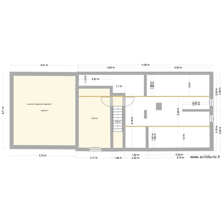 étage avant. Plan de 3 pièces et 52 m2