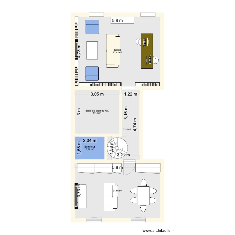 rdc. Plan de 5 pièces et 69 m2