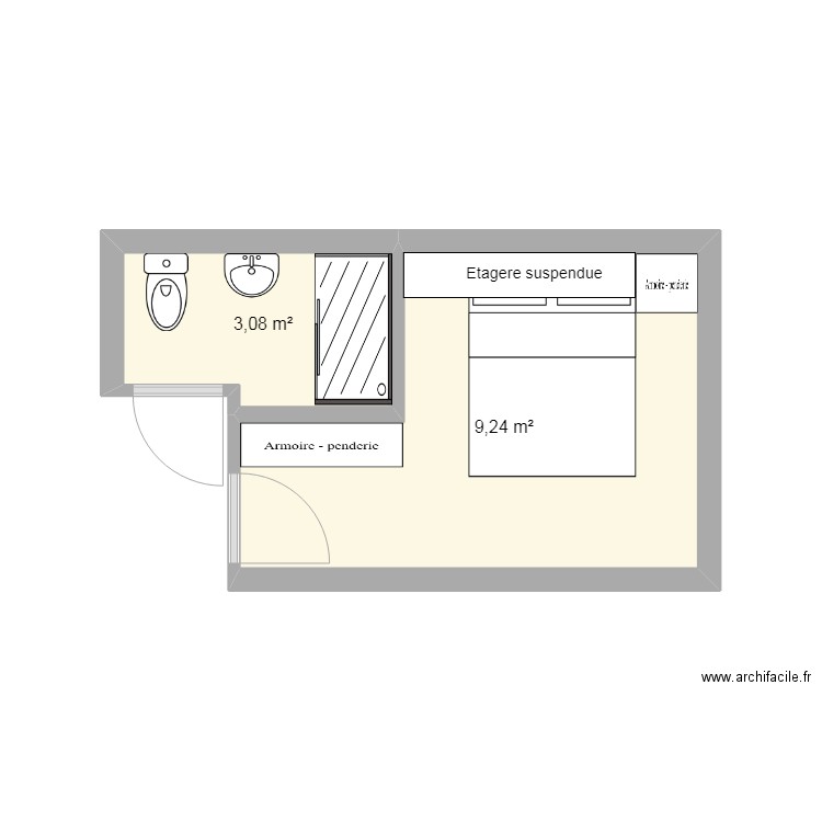 Salle de bains et Chambre Etat des lieux. Plan de 2 pièces et 12 m2