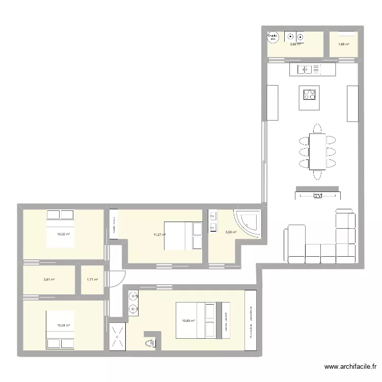 Maison en L2. Plan de 9  et 68 m²