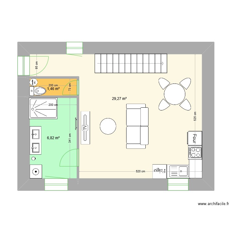 RDC aménagé maison Cité Henri. Plan de 3 pièces et 38 m2