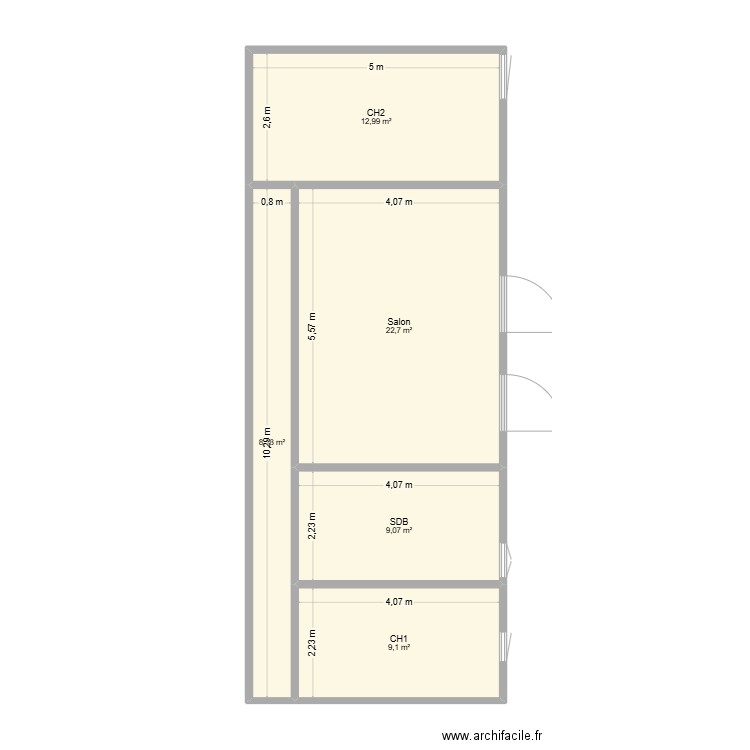 ouvrants sdb au fond. Plan de 5 pièces et 62 m2