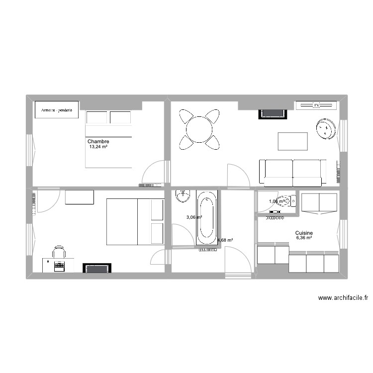 custine. Plan de 5 pièces et 28 m2