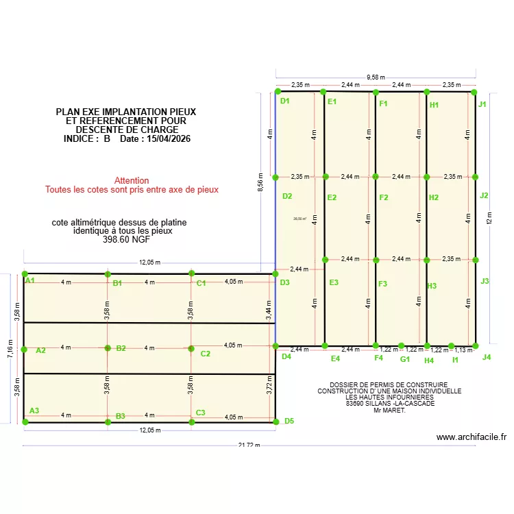 plan pieux Sillans descente charge + ipn. Plan de 7  et 201 m²