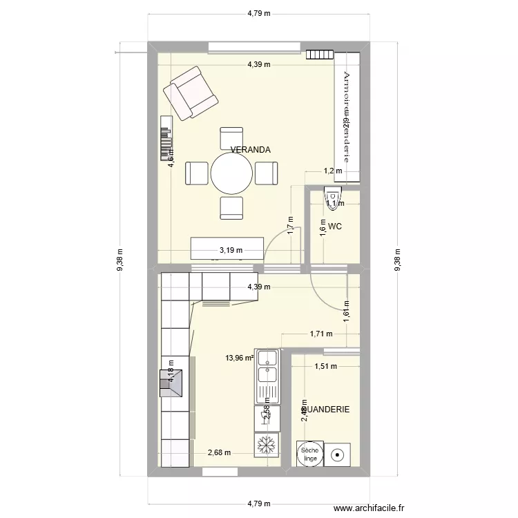Maison. Plan de 4 Pièces et 38 m²