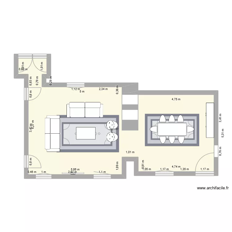 salon / salle &agrave; manger. Plan de 1  et 59 m²