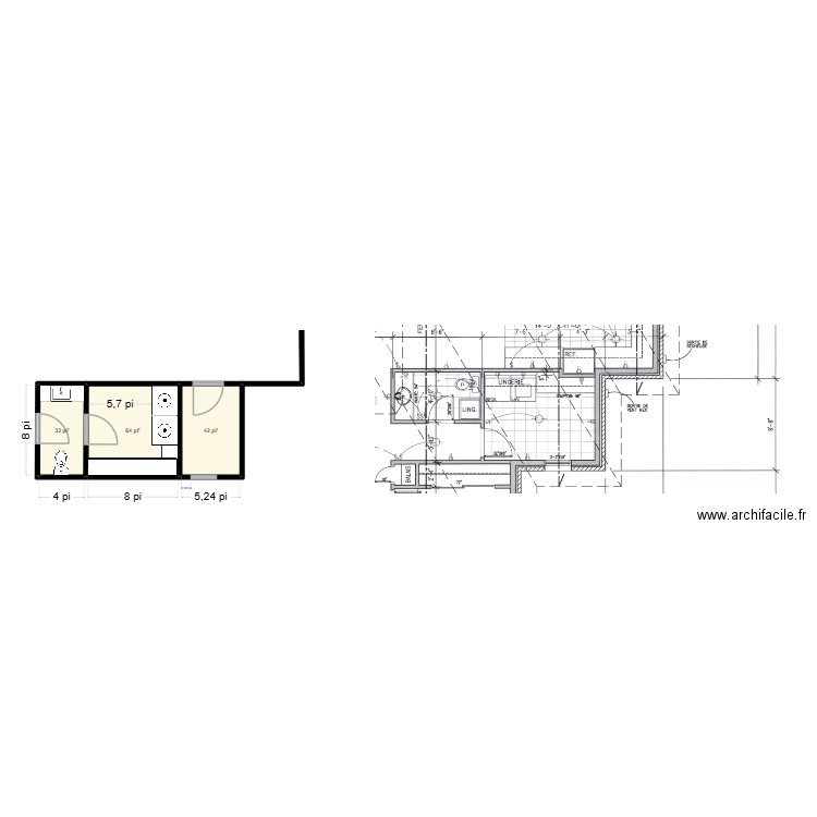 Salle d'eau & BK. Plan de 3 pièces et 13 m2