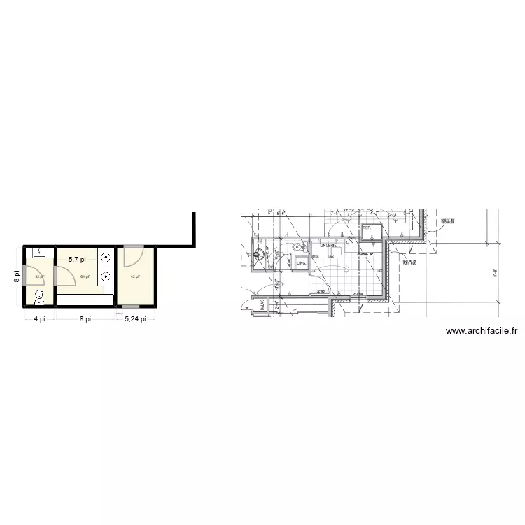 Salle d'eau & BK. Plan de 3 pièces et 13 m²