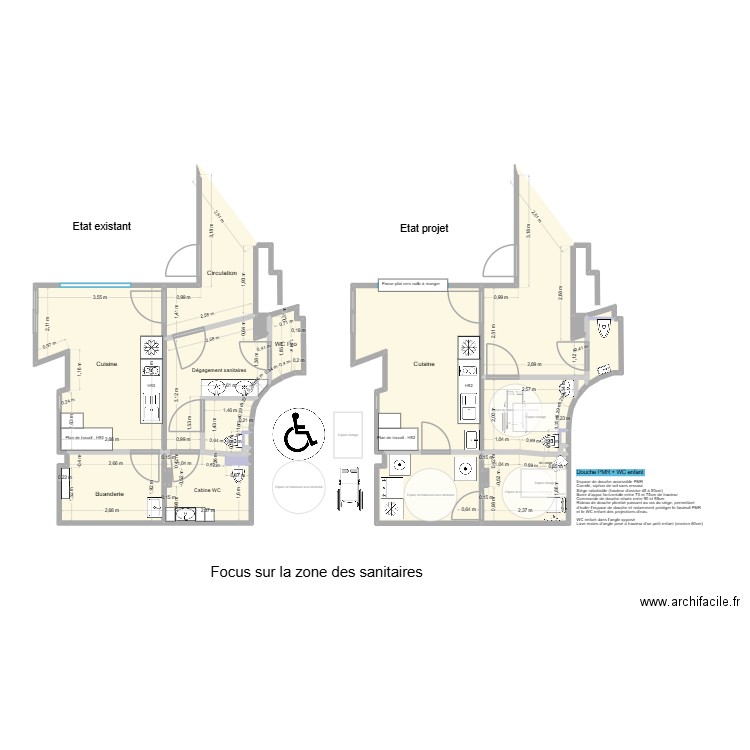 Focus espace sanitaire-buanderie V2. Plan de 23 pièces et 81 m2