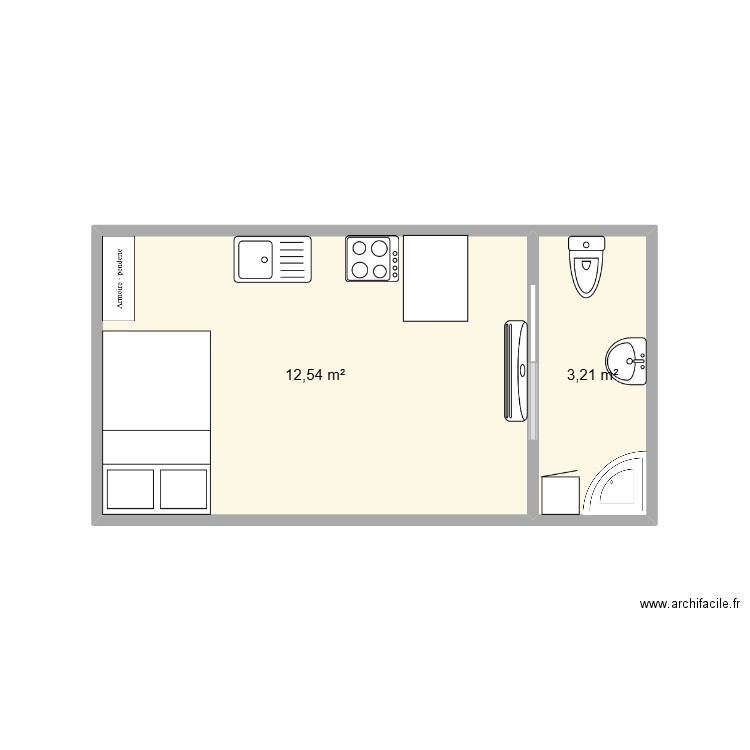 appartement porte 4. Plan de 2 pièces et 16 m2