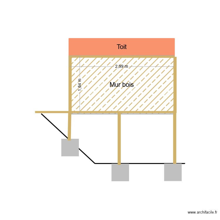 Mur vu depuis côté Ouest. Plan de 2 pièces et 6 m2