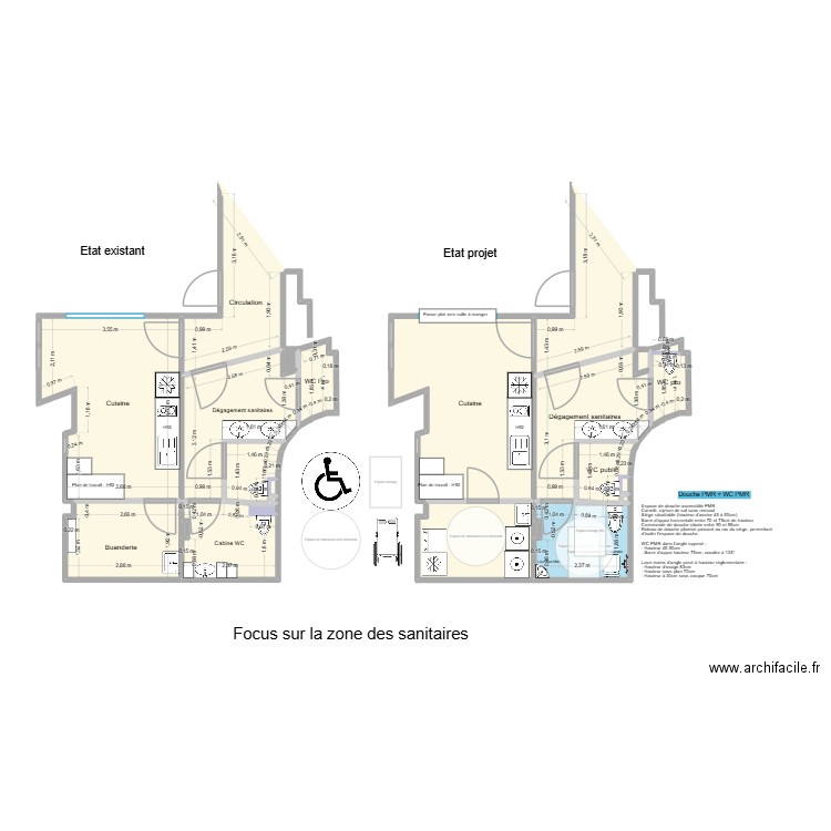 Focus espace sanitaire-buanderie V3. Plan de 23 pièces et 81 m2
