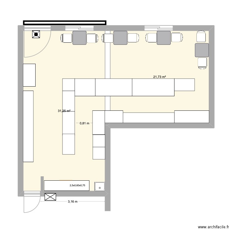 Patisserie. Ameublement Position éclairage.. Plan de 2 pièces et 53 m2