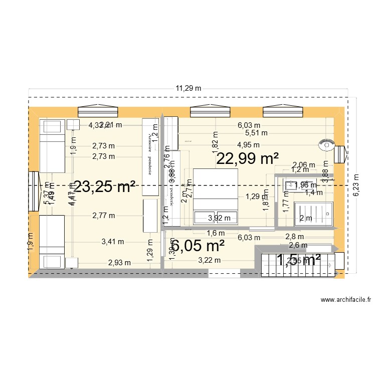 agrandissement terrasse étage. Plan de 4 pièces et 54 m2