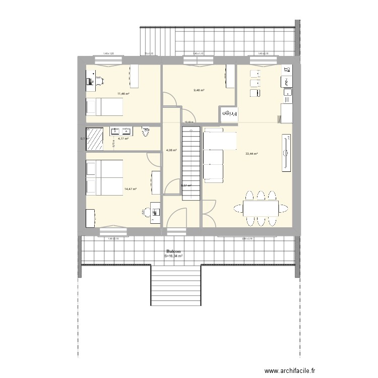 RDC 3 ch  1 Wc. Plan de 8 pièces et 84 m2