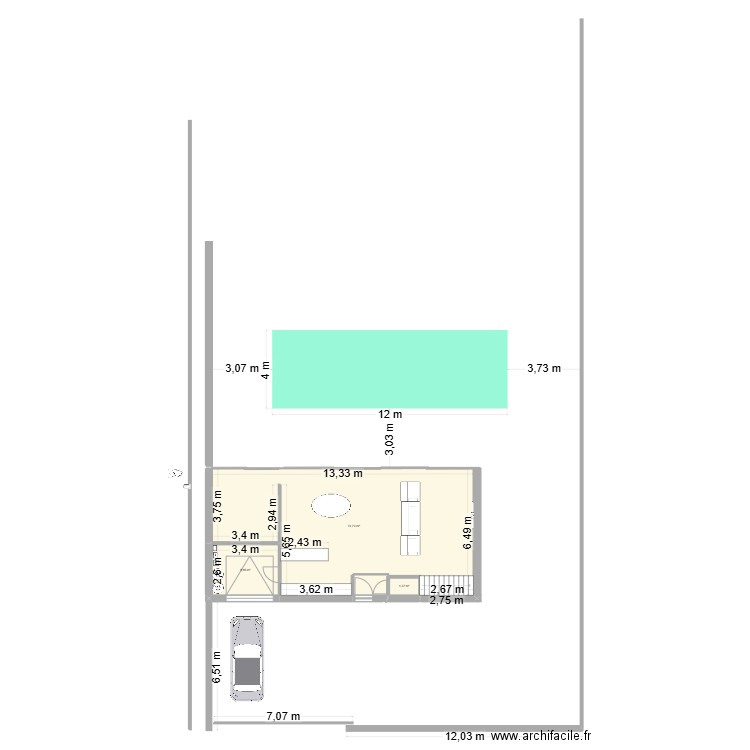 RDC 7x15m. Plan de 3 pièces et 85 m2