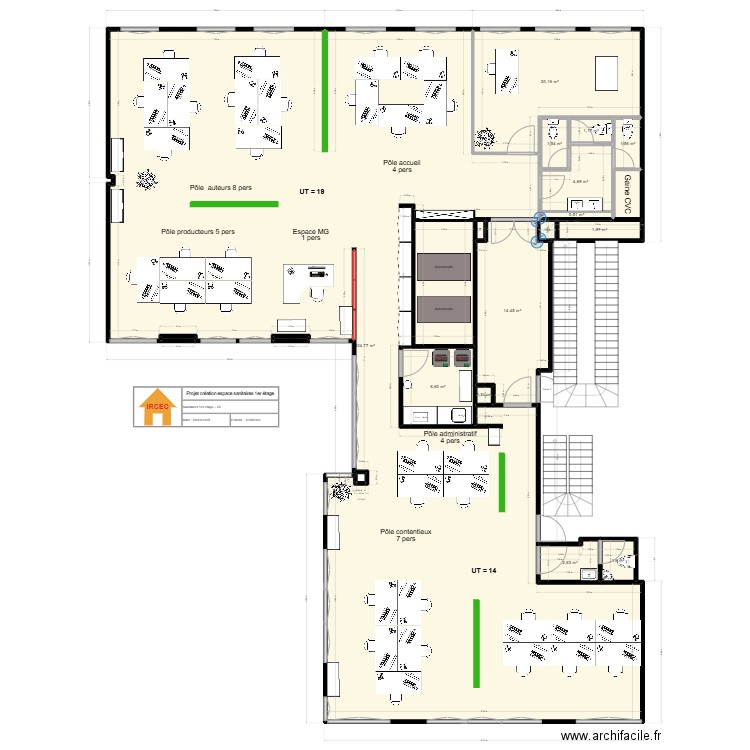 Plan 1 étage-sanitaires côté cour. V5. Plan de 17 pièces et 294 m2